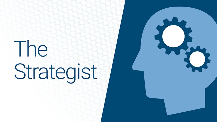 Visual banner featuring the text "The Strategist" on the left side with a light geometric pattern background. On the right side, a blue silhouette of a human head contains two interlocking gears, symbolizing strategic thinking and problem-solving. The background transitions from light to dark blue.