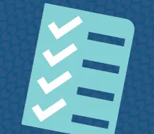  Stylized illustration of a checklist on a light blue sheet with three white checkmarks and dark blue lines, set against a patterned dark blue background.
