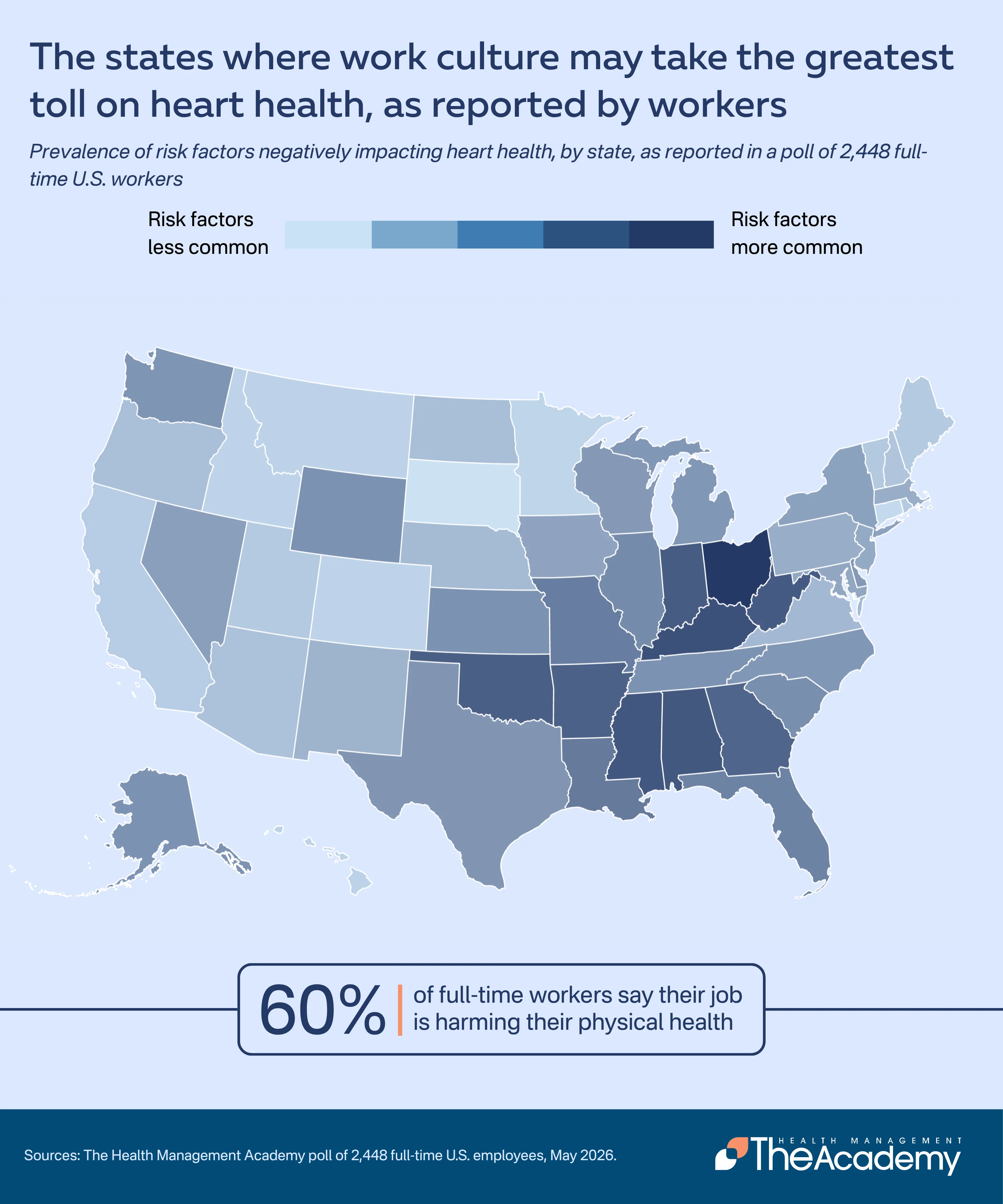 Chart of states where work culture may take the greatest toll on heart health