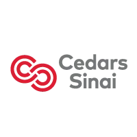 Cedars-Sinai health system logo with two interlocking red rings on the left and gray text on the right.