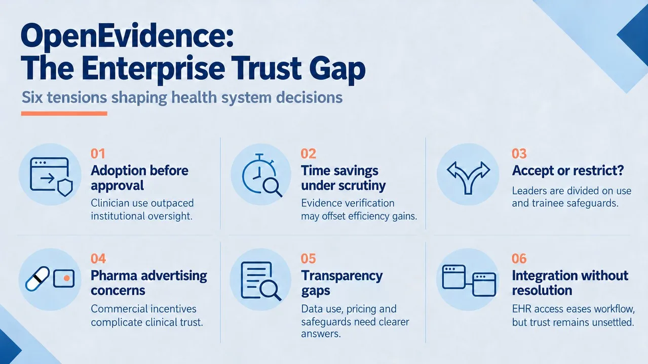 A THMA infographic highlights six concerns shaping health system leaders’ trust in OpenEvidence, spanning adoption, time savings, governance, pharmaceutical advertising, transparency, and EHR integration.