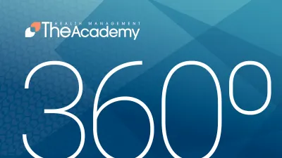 Graphic with The Health Management Academy logo at the top and large text reading “360°” over a layered blue geometric background, representing a comprehensive or all-encompassing initiative.