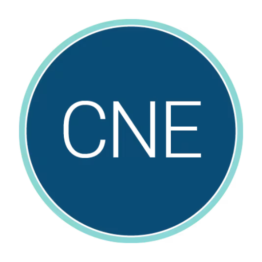 Circular blue logo with a light teal border containing the white acronym “CNE” centered inside.