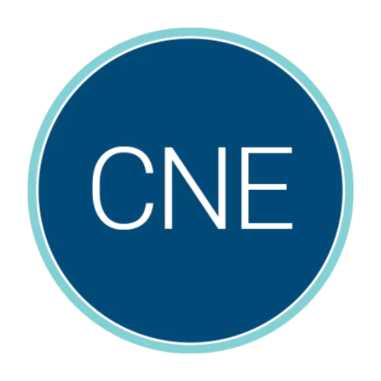 Circular blue logo with a light teal border containing the white acronym “CNE” centered inside.