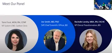 Introduction slide featuring headshots and titles of panelists Tami Frost, Joe Smith, and Rachelle Landry, with their roles at Carilion Clinic and BD displayed against a blue gradient background.