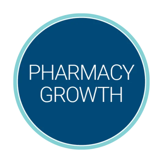 Circular blue logo with a light teal border containing the white title “Pharmacy Growth” centered inside.