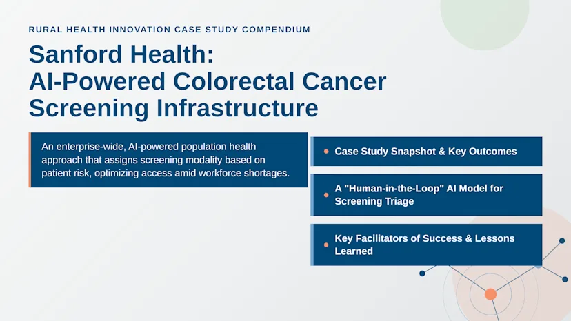 A hero graphic for the Rural Health Innovation Case Study Compendium introducing Sanford Health's AI powered colorectal cancer screening infrastructure. The headline reads "Sanford Health: AI-Powered Colorectal Cancer Screening Infrastructure" over a subhead describing a human in the loop AI model that aligns screening modality with patient risk. Three navy bullet panels outline the case study's sections: Case Study Snapshot and Key Outcomes, A "Human-in-the-Loop" AI Model for Screening Triage, and Key Facilitators of Success and Lessons Learned. A restrained geometric graphic in the lower right shows a branching network of connected nodes, representing risk based triage pathways, on a light neutral background with soft coral and green accent shapes.