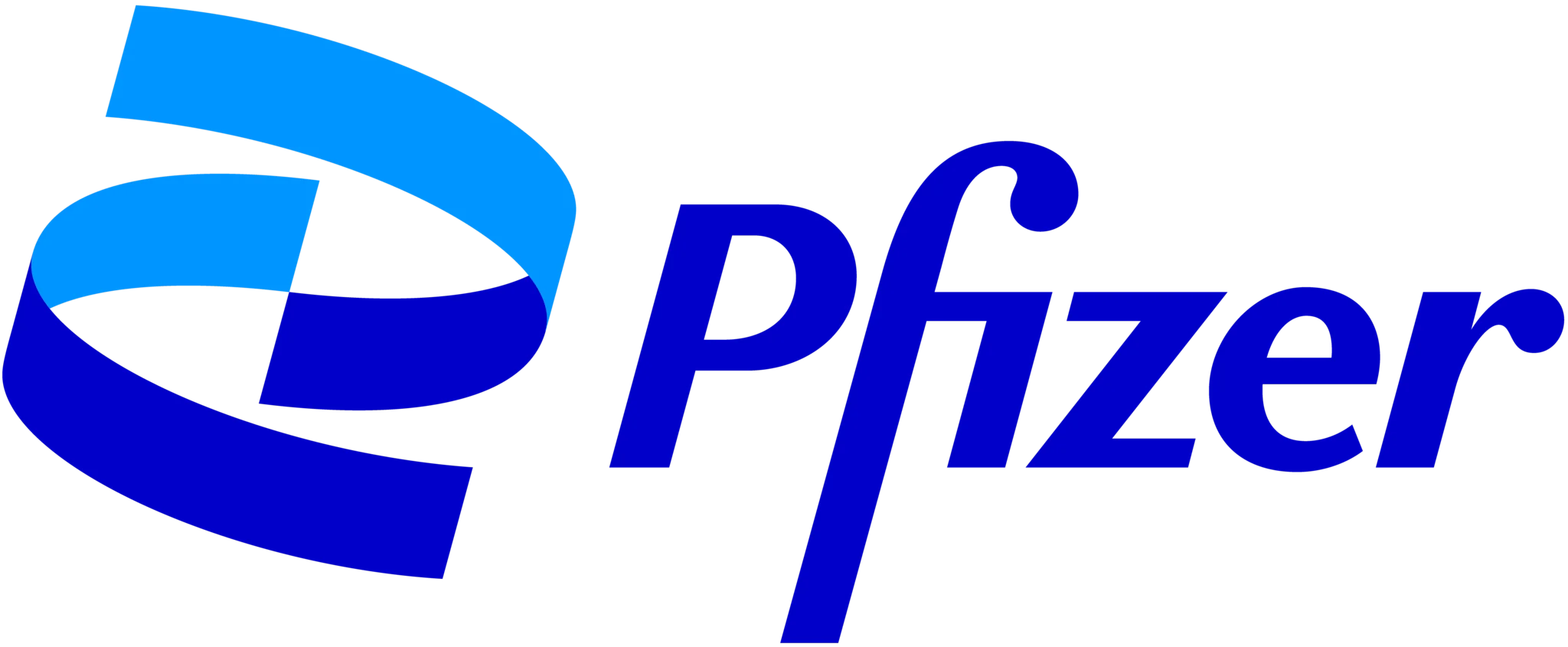 Pfizer logo with a stylized blue-ribbon design and the company name in bold blue text.






