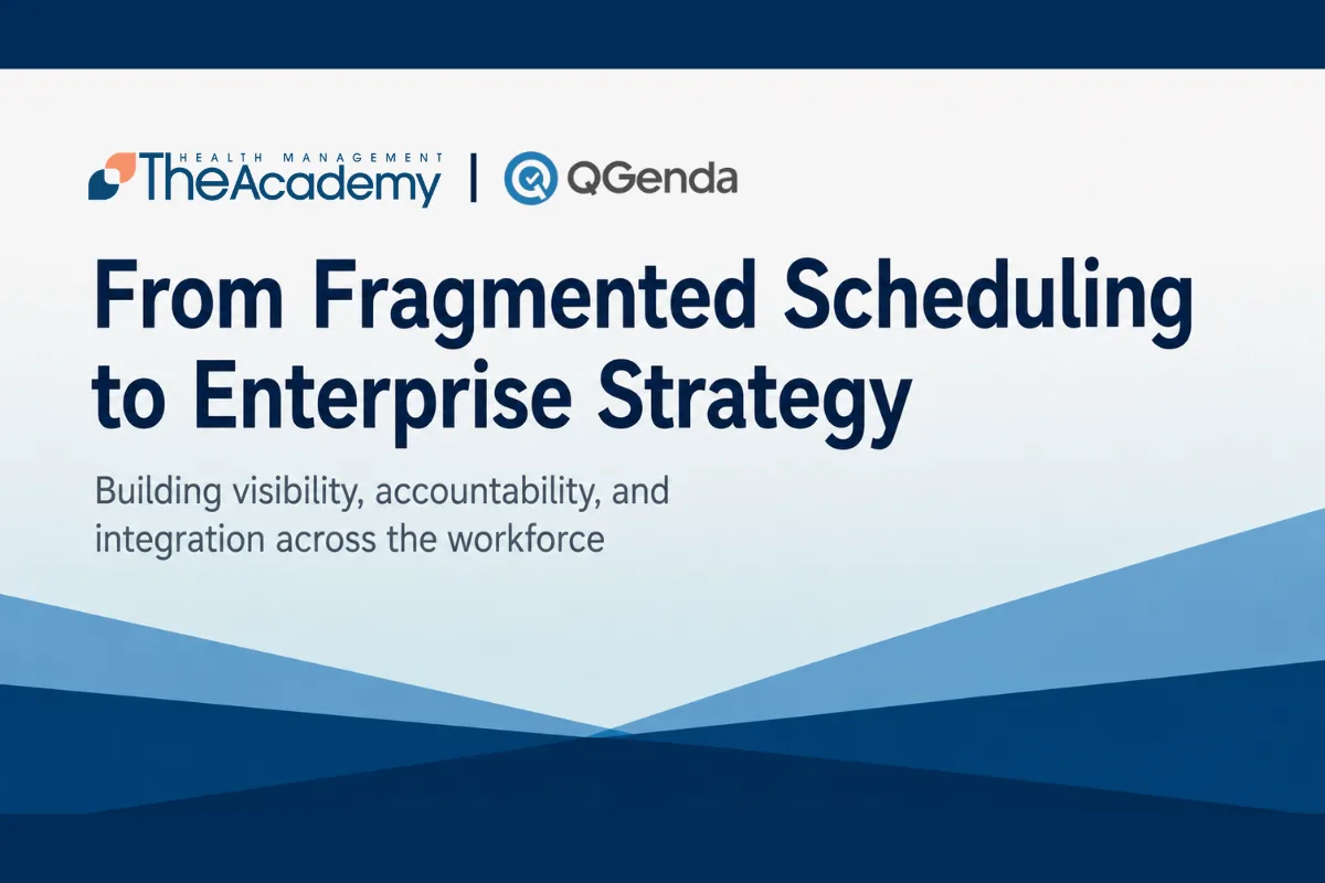 Graphic titled “From Fragmented Scheduling to Enterprise Strategy” with blue geometric design and THMA and QGenda logos.