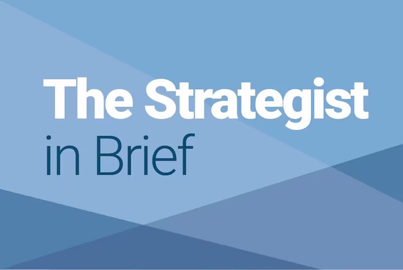 Banner image with the title 'The Strategist' in large bold white text, followed by the subtitle 'News Flashes, Top Reads, & Numbers' on a gradient blue-to-teal background with abstract overlapping shapes.