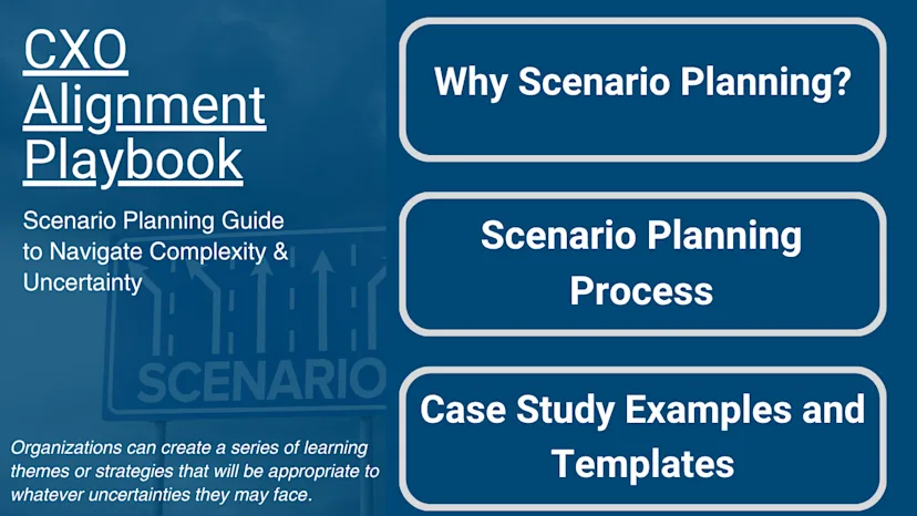 A dark blue slide titled “CXO Alignment Playbook: Scenario Planning Guide to Navigate Complexity & Uncertainty.” The left side features a note about using scenario planning to develop adaptable strategies. The right side includes three buttons: “Why Scenario Planning?,” “Scenario Planning Process,” and “Case Study Examples and Scenario Planning Templates.”


