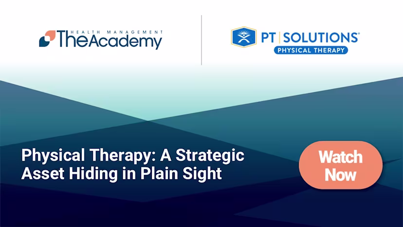 Webinar promotion featuring The Academy and PT Solutions logos with the title Physical Therapy: A Strategic Asset Hiding in Plain Sight and an orange “Watch Now” button.

