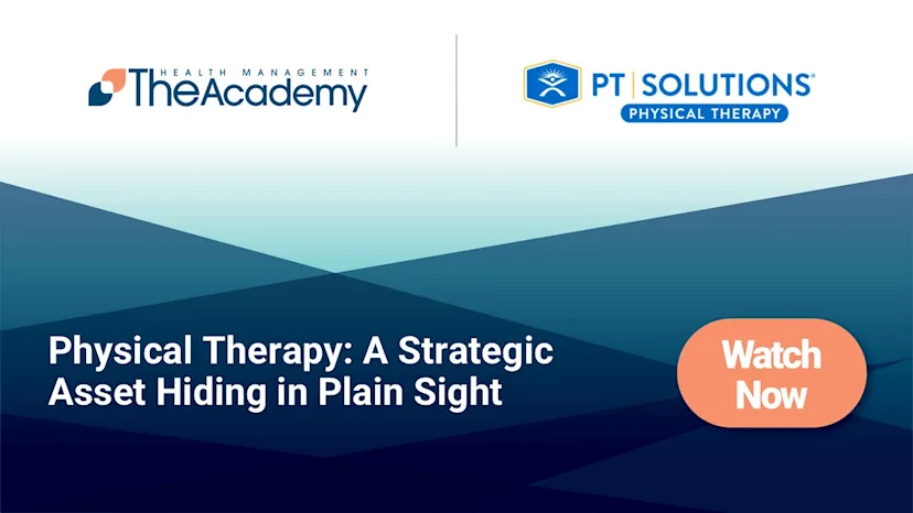 Webinar promotion featuring The Academy and PT Solutions logos with the title Physical Therapy: A Strategic Asset Hiding in Plain Sight and an orange “Watch Now” button.

