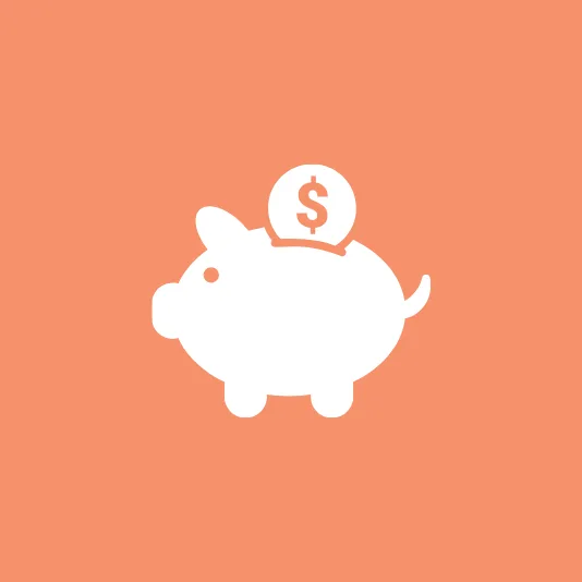 White piggy bank icon with a coin featuring a dollar sign dropping into it, displayed on an orange background.