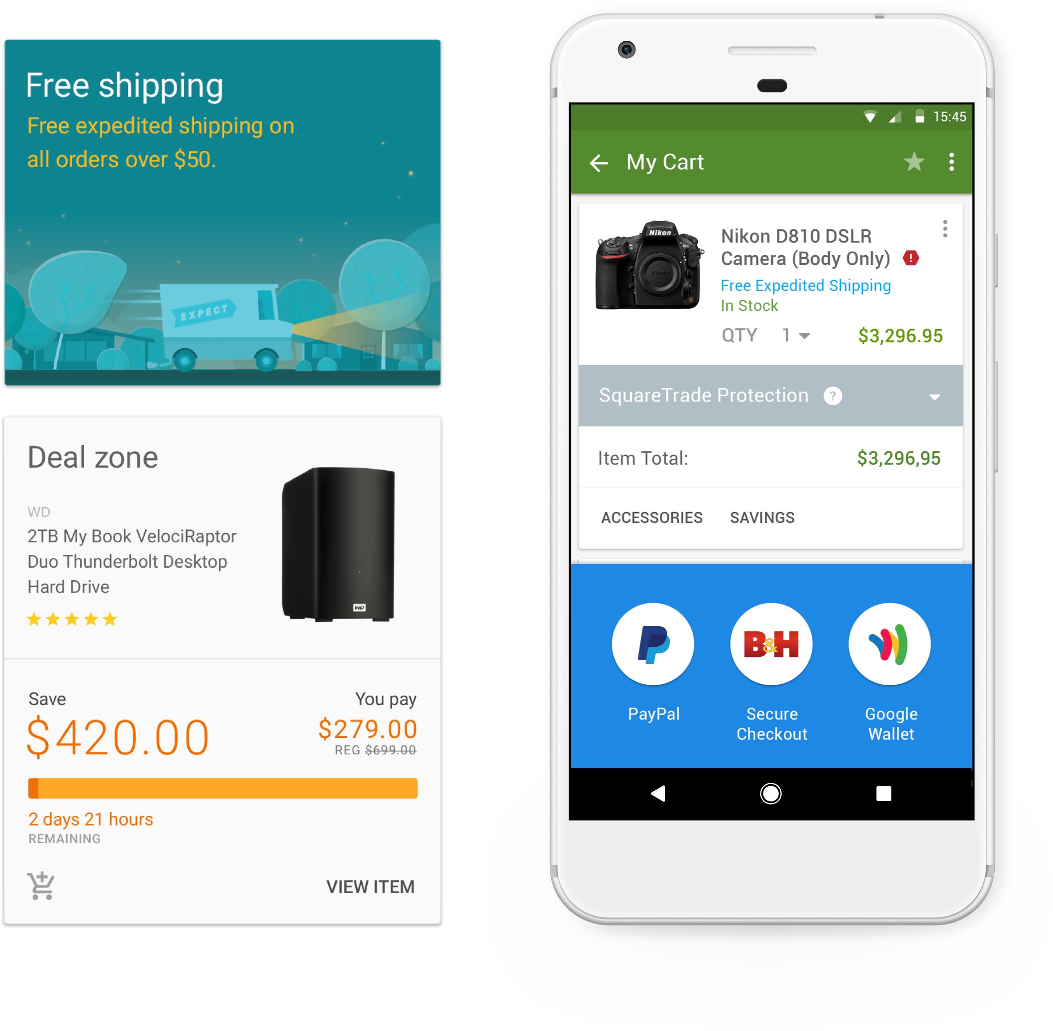 two iphone images showing item checkout material design illustrations