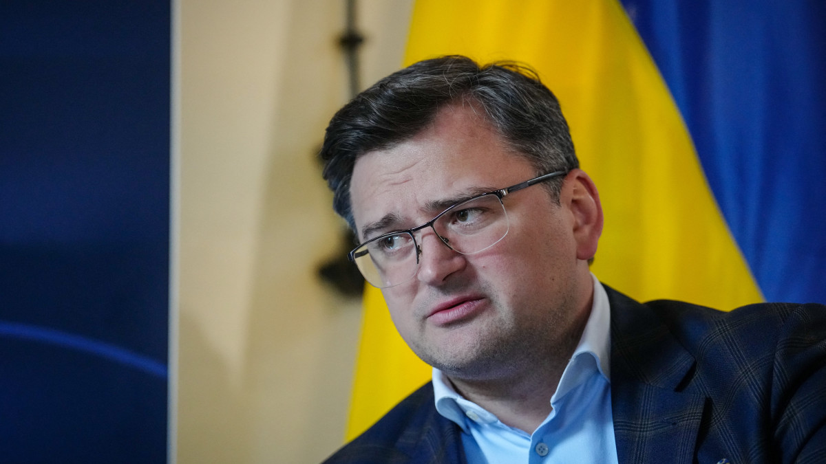 Oekraiense minister van Buitenlandse Zaken Dmytro Kuleba met vlag op achtergrond