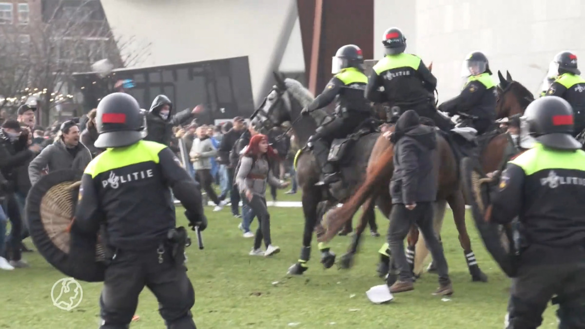 Politiepaard aangevallen met ploertendoder tijdens rellen Museumplein