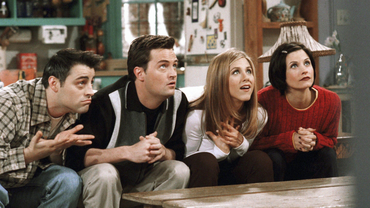 Matt LeBlanc, Matthew Perry, Jennifer Aniston, Courteney Cox, afbeelding uit serie Friends