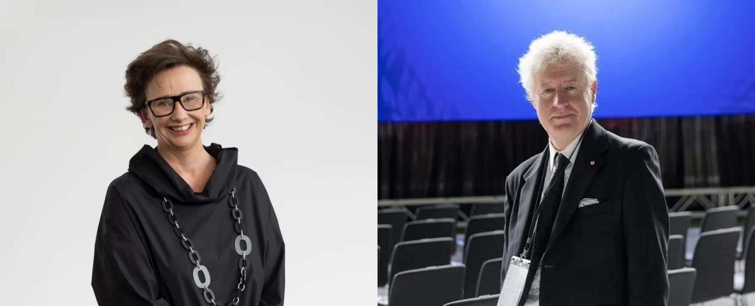 Two images side-by-side. On the left, a woman wearing a black blouse and necklace. On the right, a man wearing a dark suit and tie.