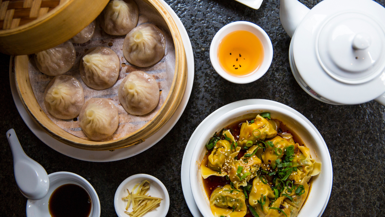 Bird's eye view of a dumplings meal at Hu Tong Dumpling Bar. 