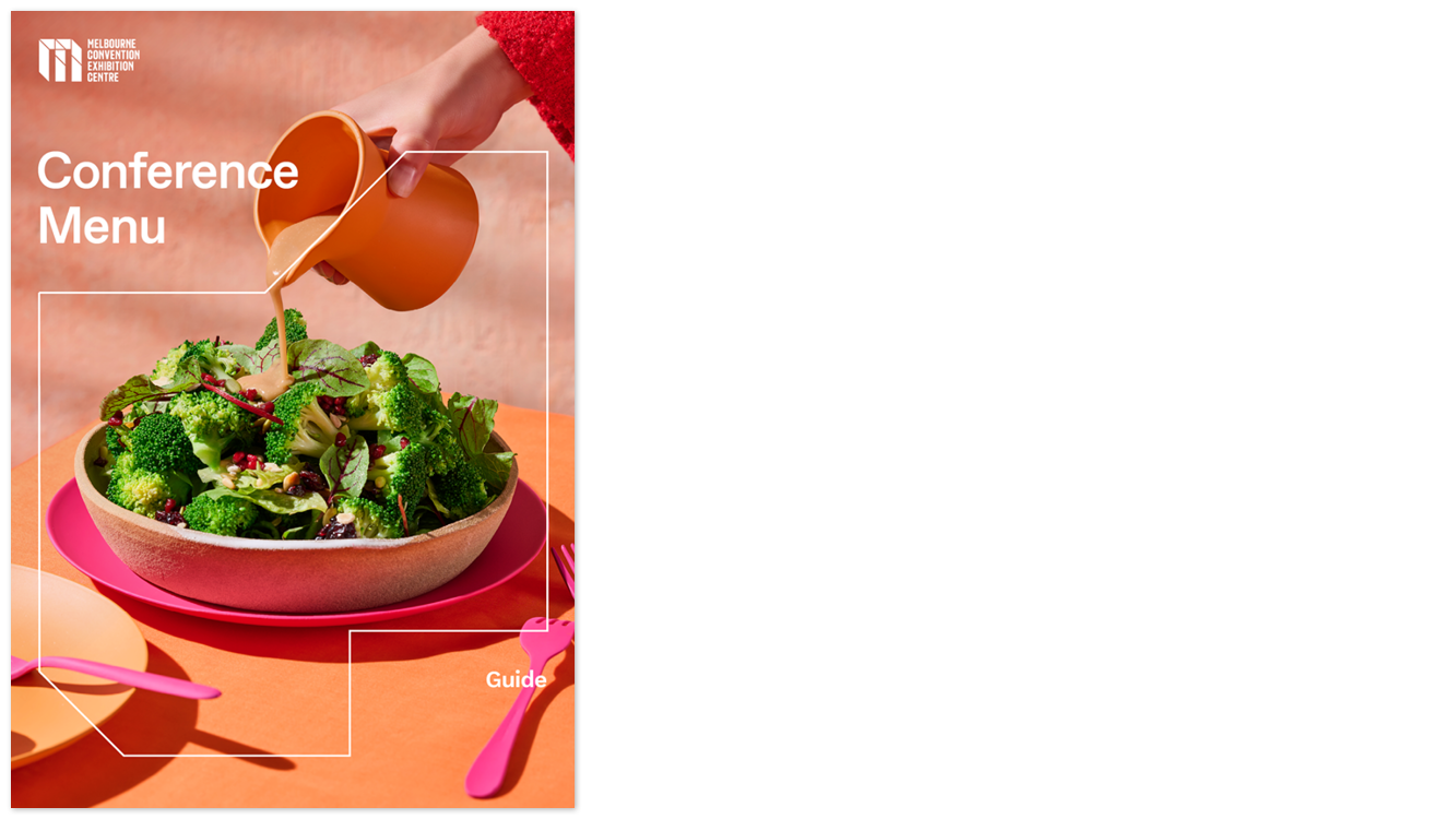 Cover image of the MCEC conference menu. A bright green salad is on the front with a hand pouring a dressing from an orange jug on top of the salad. 