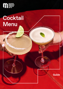 Cover image of the MCEC cocktail menu. Two cocktail glasses are displayed on the red cover. 