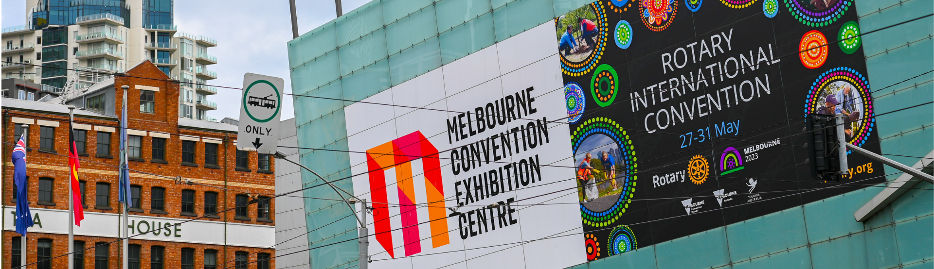 Exterior image of venue with MCEC sign and Rotary sign 