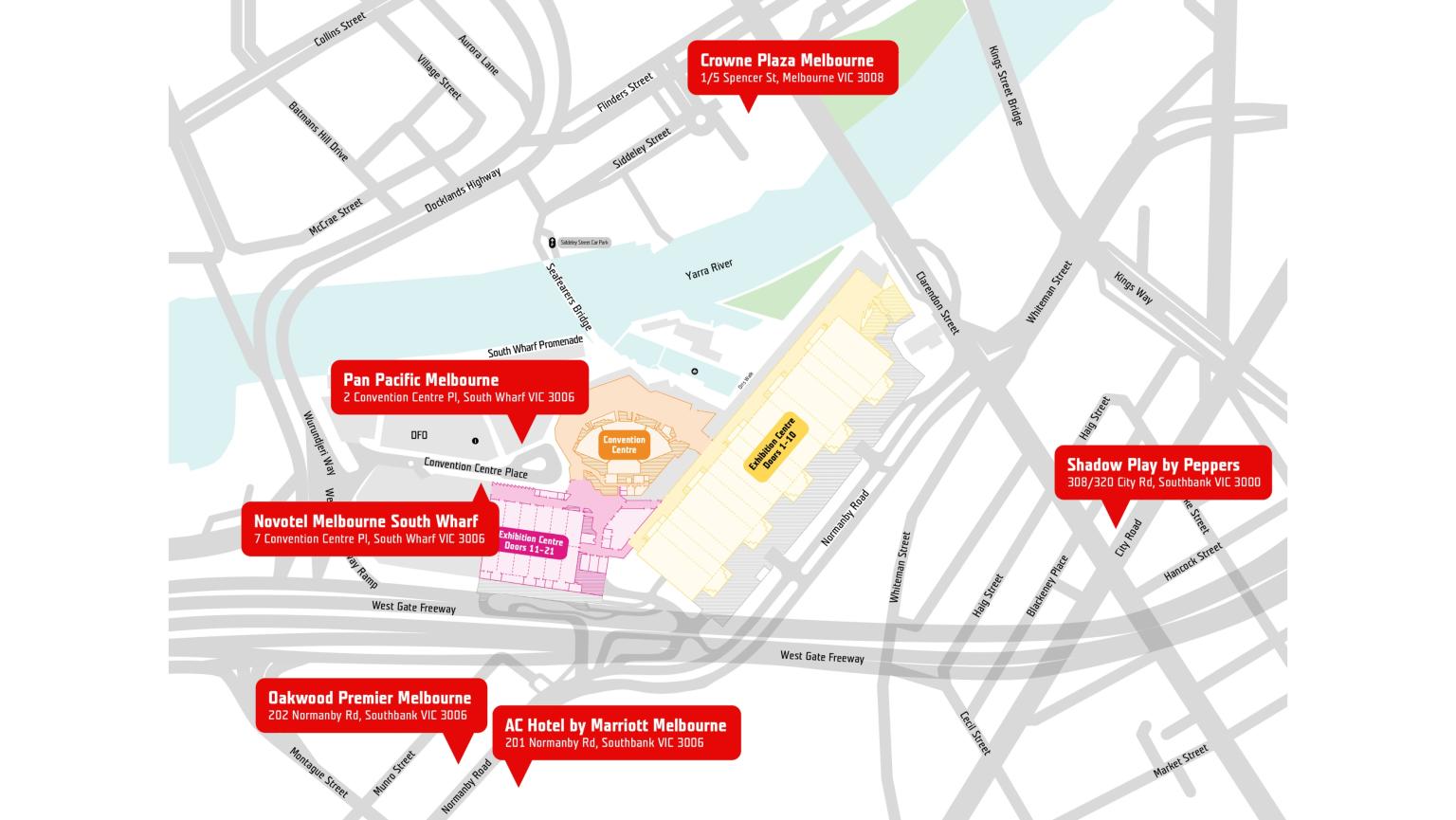 Map of the hotel partners surrounding MCEC. 