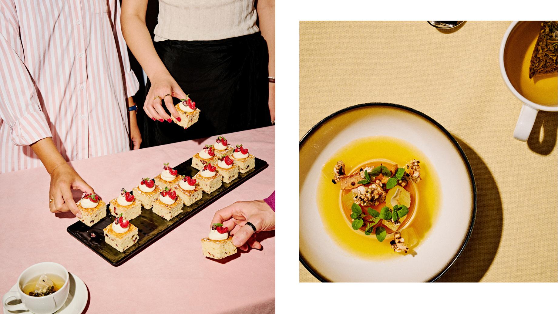 Left: Lemon myrtle and cranberry scones with strawberry gum jam. Right: Tropical panna cotta, compressed pineapple, passionfruit and puffed grain.