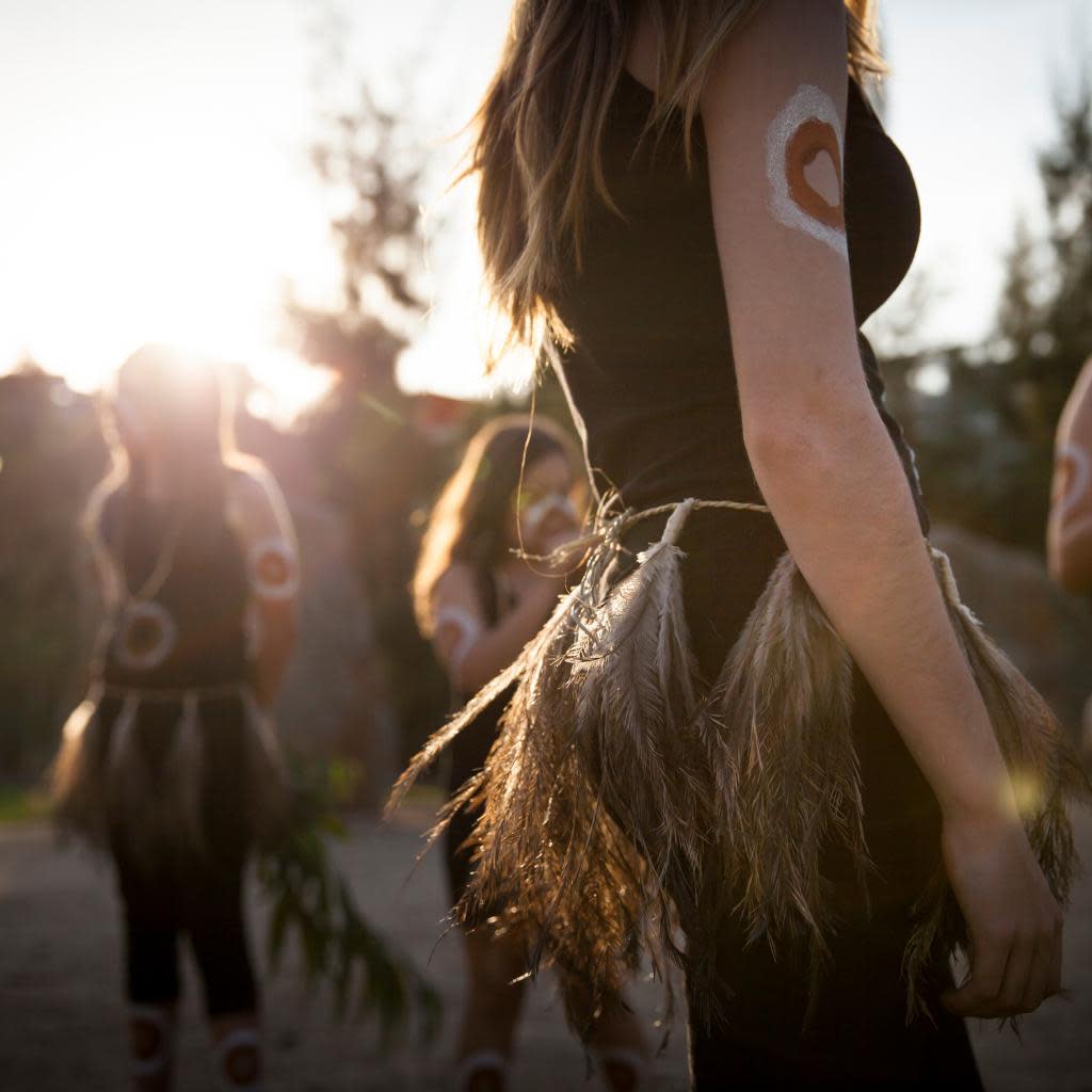 Close up of Djirri Djirri Dance Group at Birrarung Marr, Melbourne.