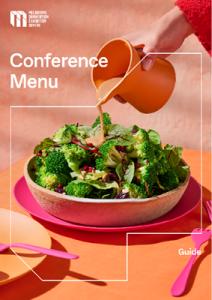 Cover image of the MCEC conference menu. A bright green salad is on the front with a hand pouring a dressing from an orange jug on top of the salad. 