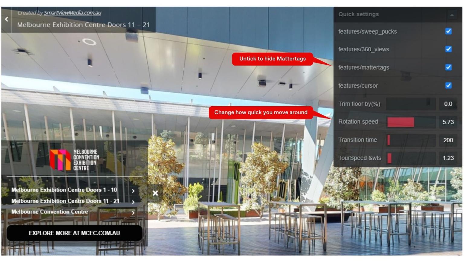 Screen shot of the outside courtyard virtual tour at MCEC. There is a quick settings functions box showing on the right hand side. 