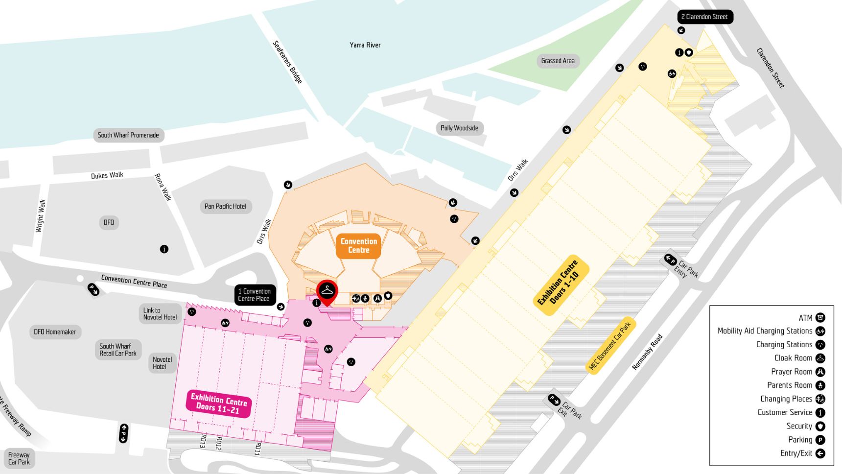 Floor plan of MCEC with a pin point highlighting the location of the cloak room. 