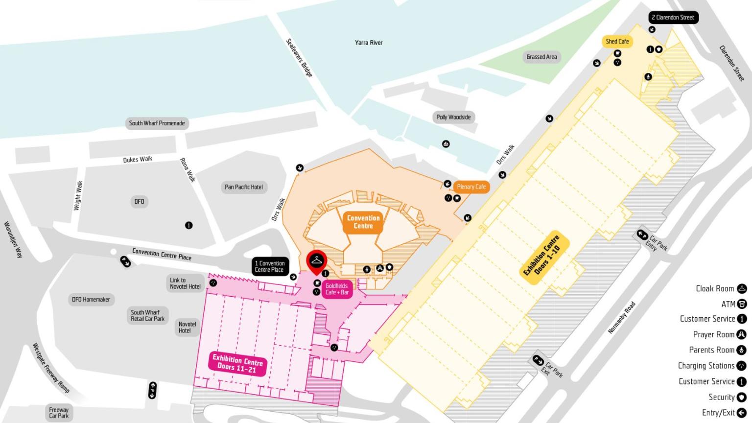Floor plan of MCEC with a pin point highlighting the location of the cloak room. 