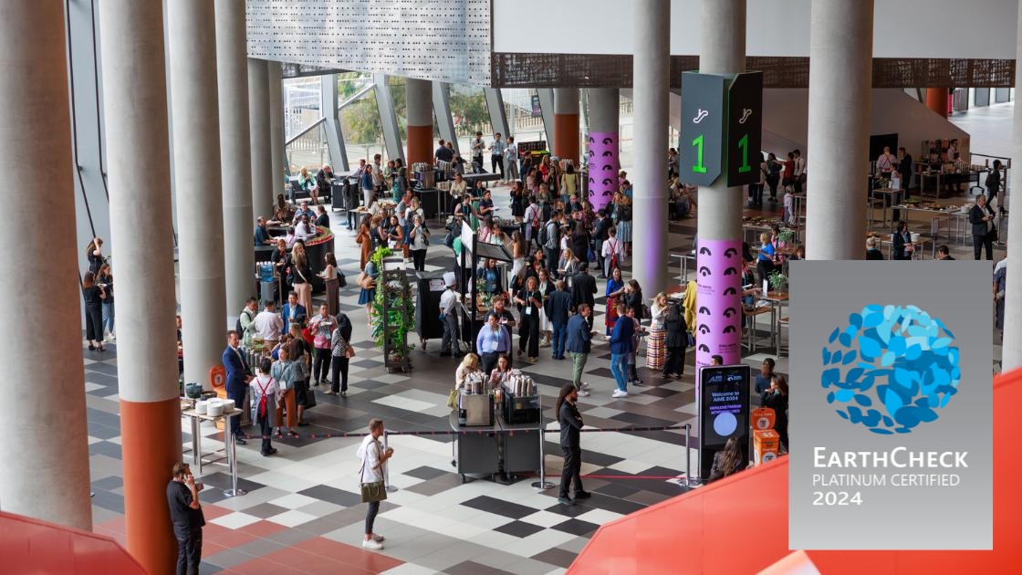 Inside Melbourne Convention Centre with the Earth Check Platinum Certified 2024 badge overlayed on the bottom right corner of the image. 