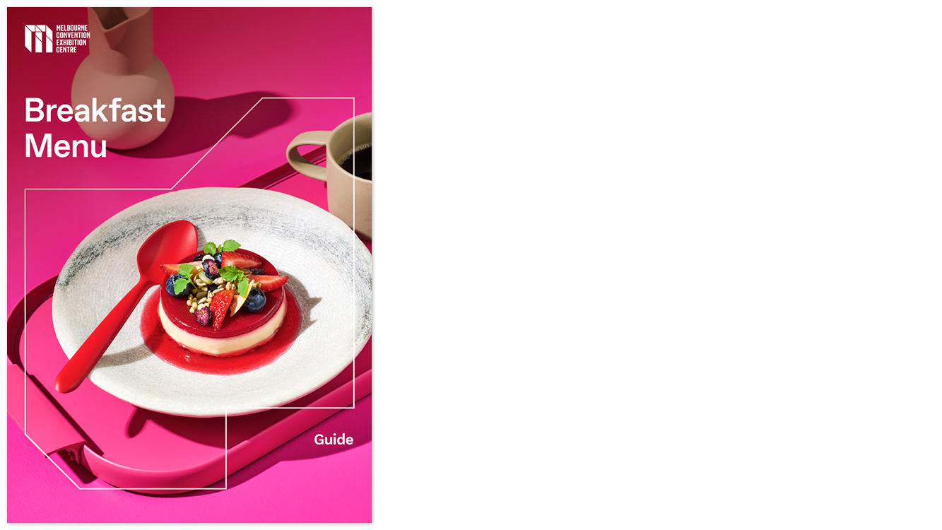 Cover image of a the MCEC breakfast menu. A dessert is displayed on a white plate on a pink background. 