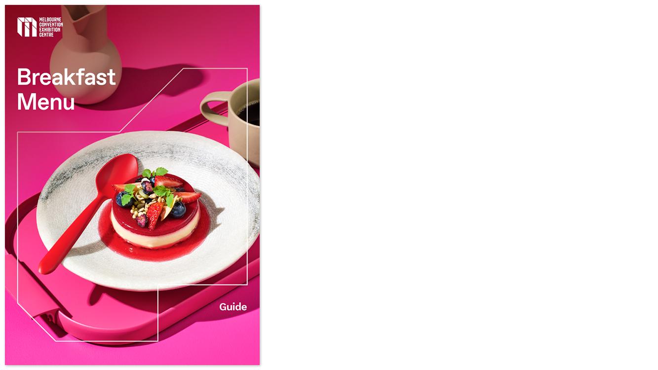 Cover image of a the MCEC breakfast menu. A dessert is displayed on a white plate on a pink background. 