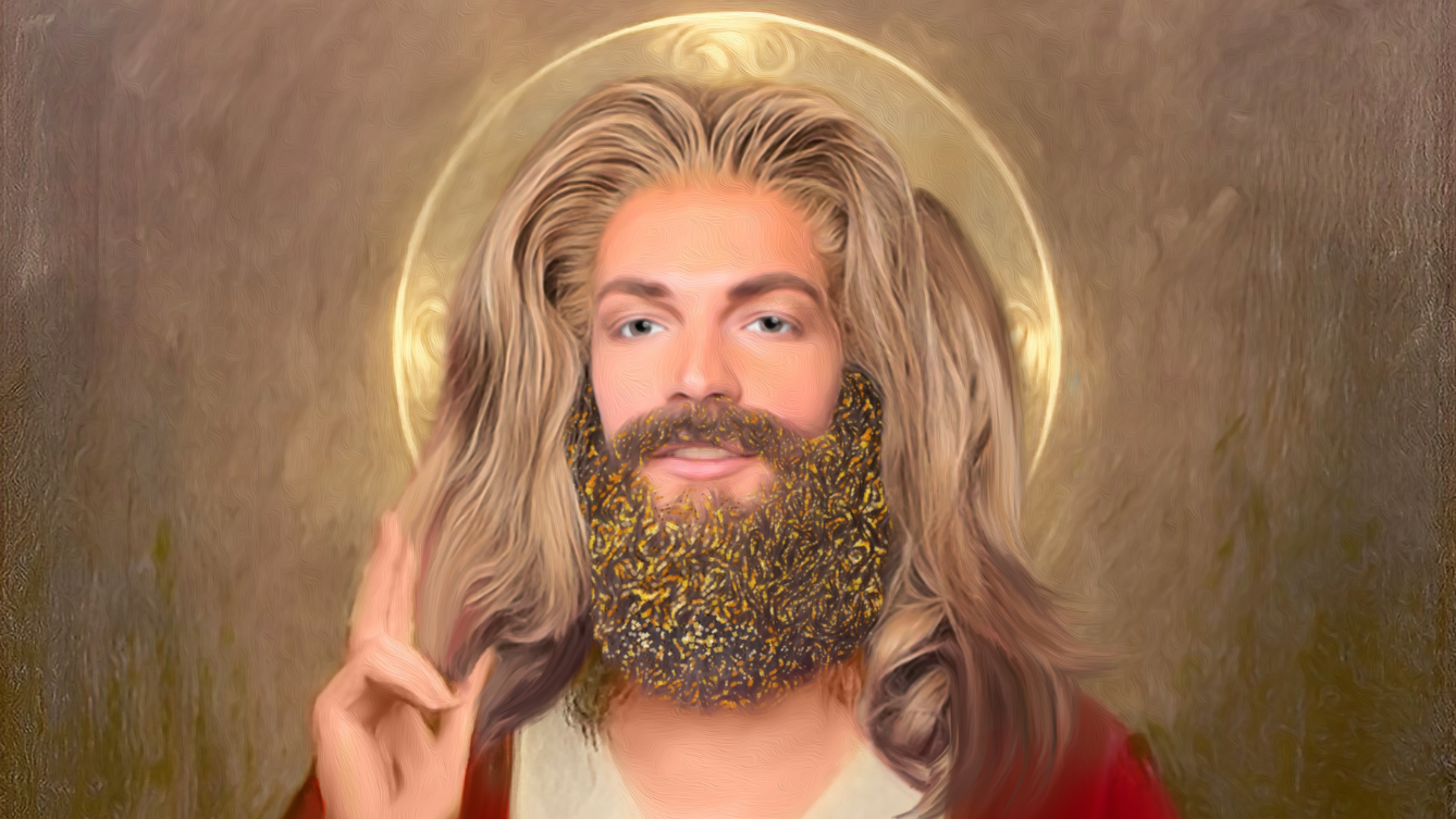 Artwork of Jesus, a man with a beard, long brown hair and a golden halo around him, smiling. 