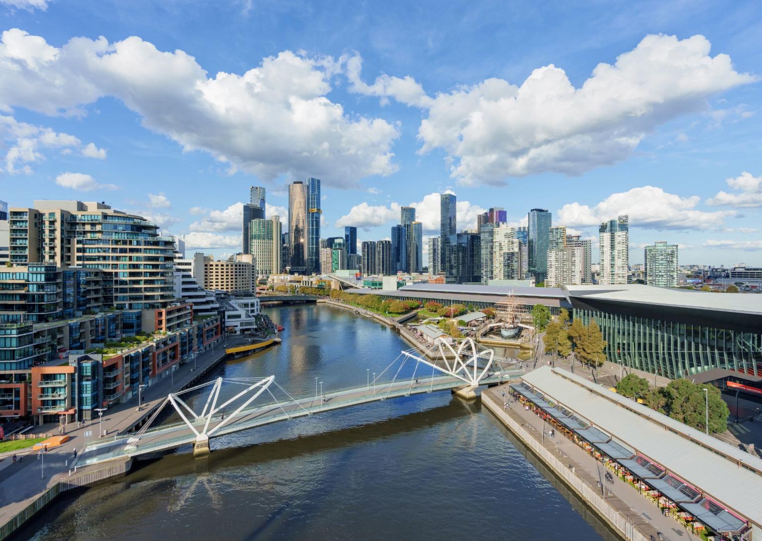 Melbourne Event Destination: The city's landscape with MCEC running along the right side of the Yarra River. 