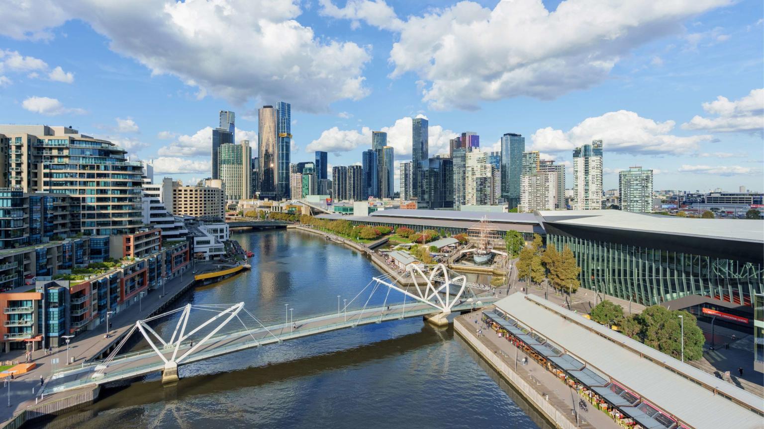 Melbourne Event Destination: The city's landscape with MCEC running along the right side of the Yarra River. 