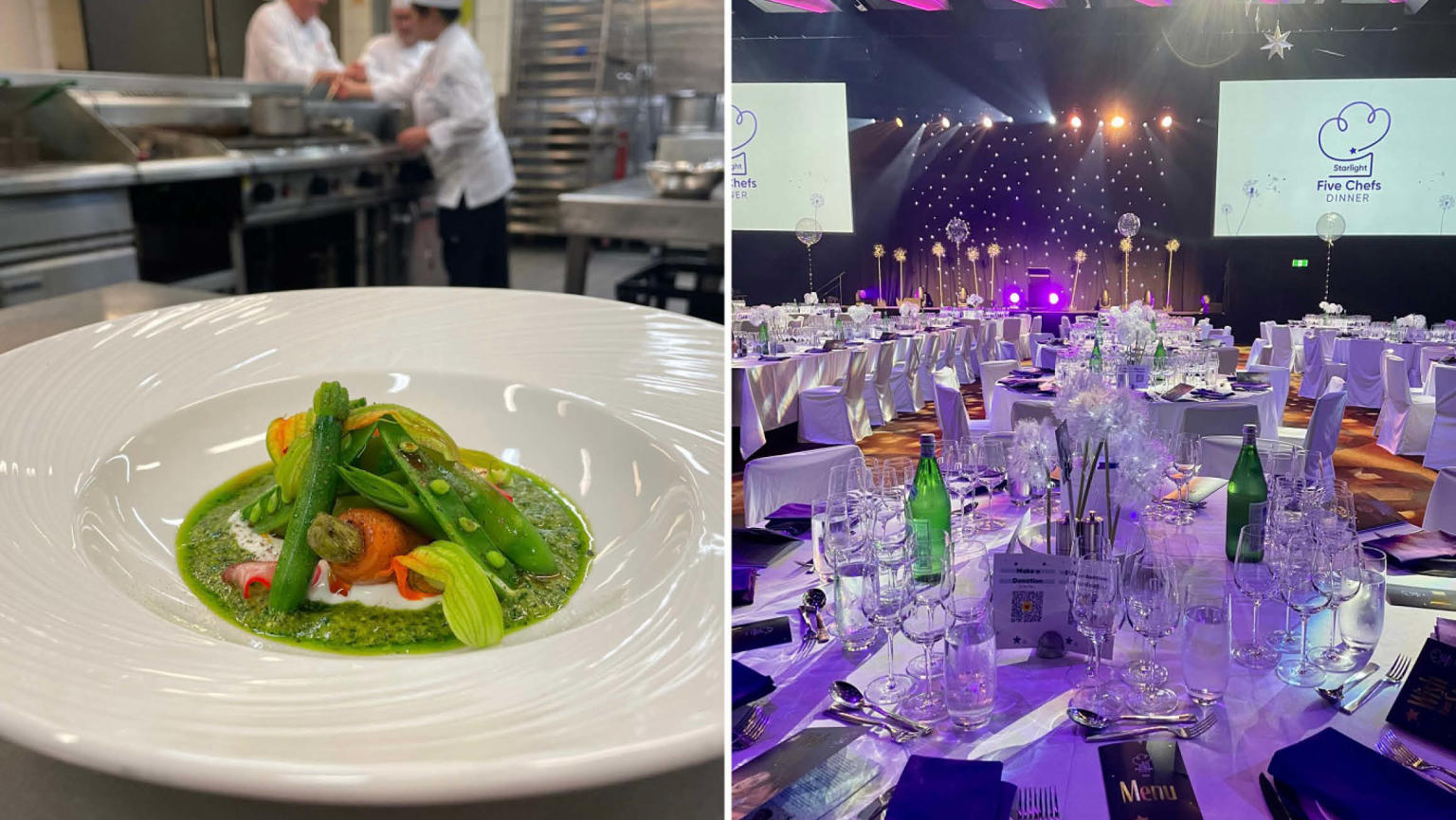 Two images displayed side by side: On the left, a white plate adorned with green pesto sauce, generously topped with a delightful assortment of colourful vegetables. On the right, a spacious room filled with round tables dressed in white tablecloths, adorned with an array of glasses, bottles, menus, and meticulously arranged cutlery. 