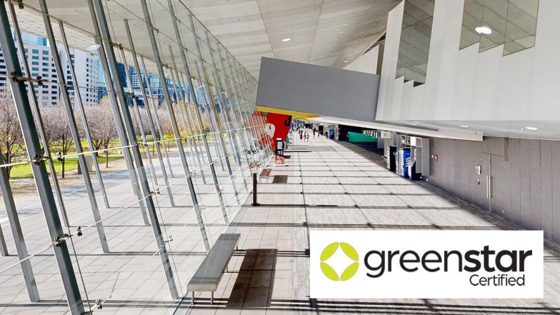 Inside Melbourne Exhibition Centre with the Green Star Certified badge overlayed on the bottom right corner of the image. 