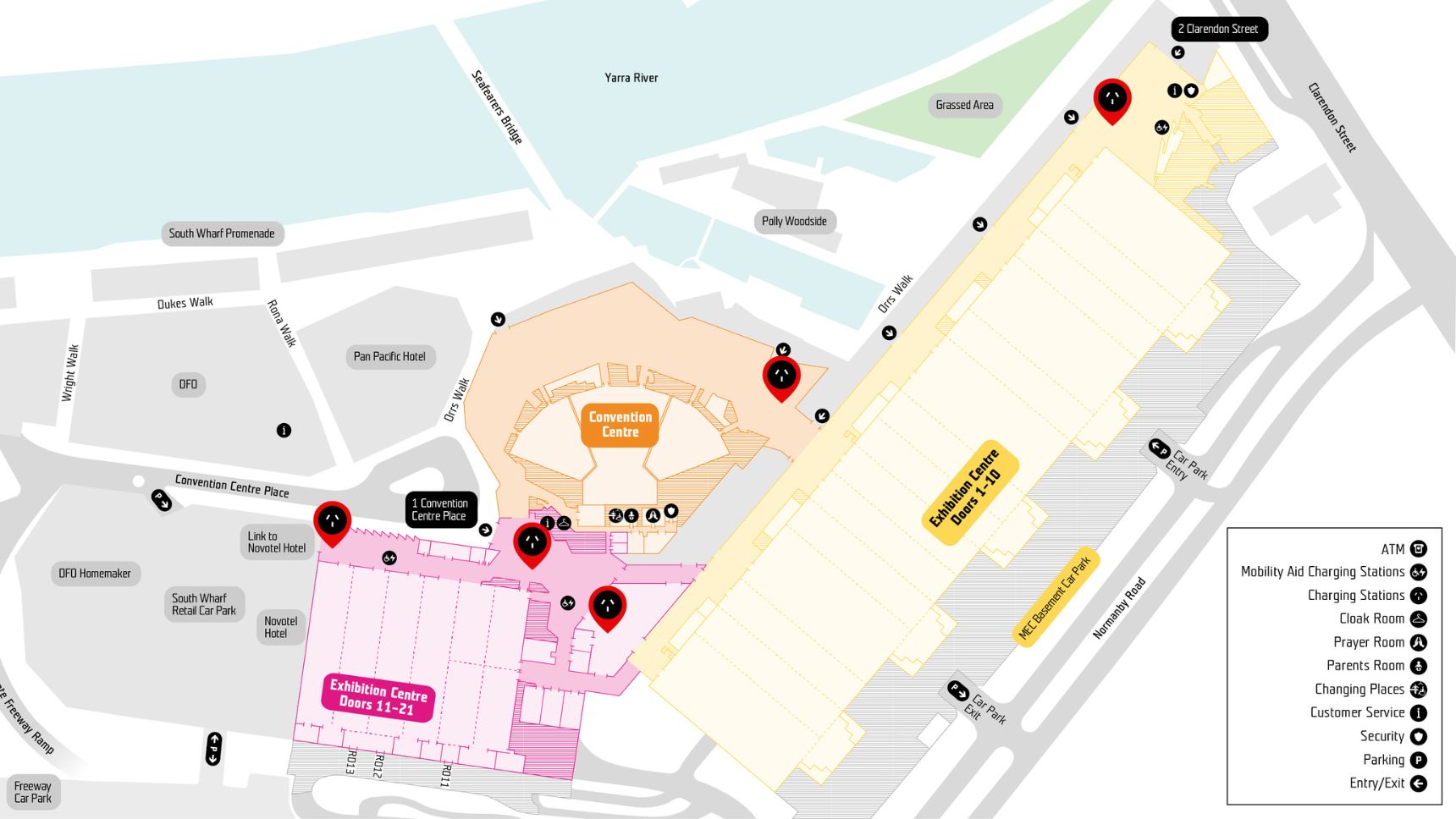 Floor plan of MCEC with a pin point highlighting the location of charging stations.  