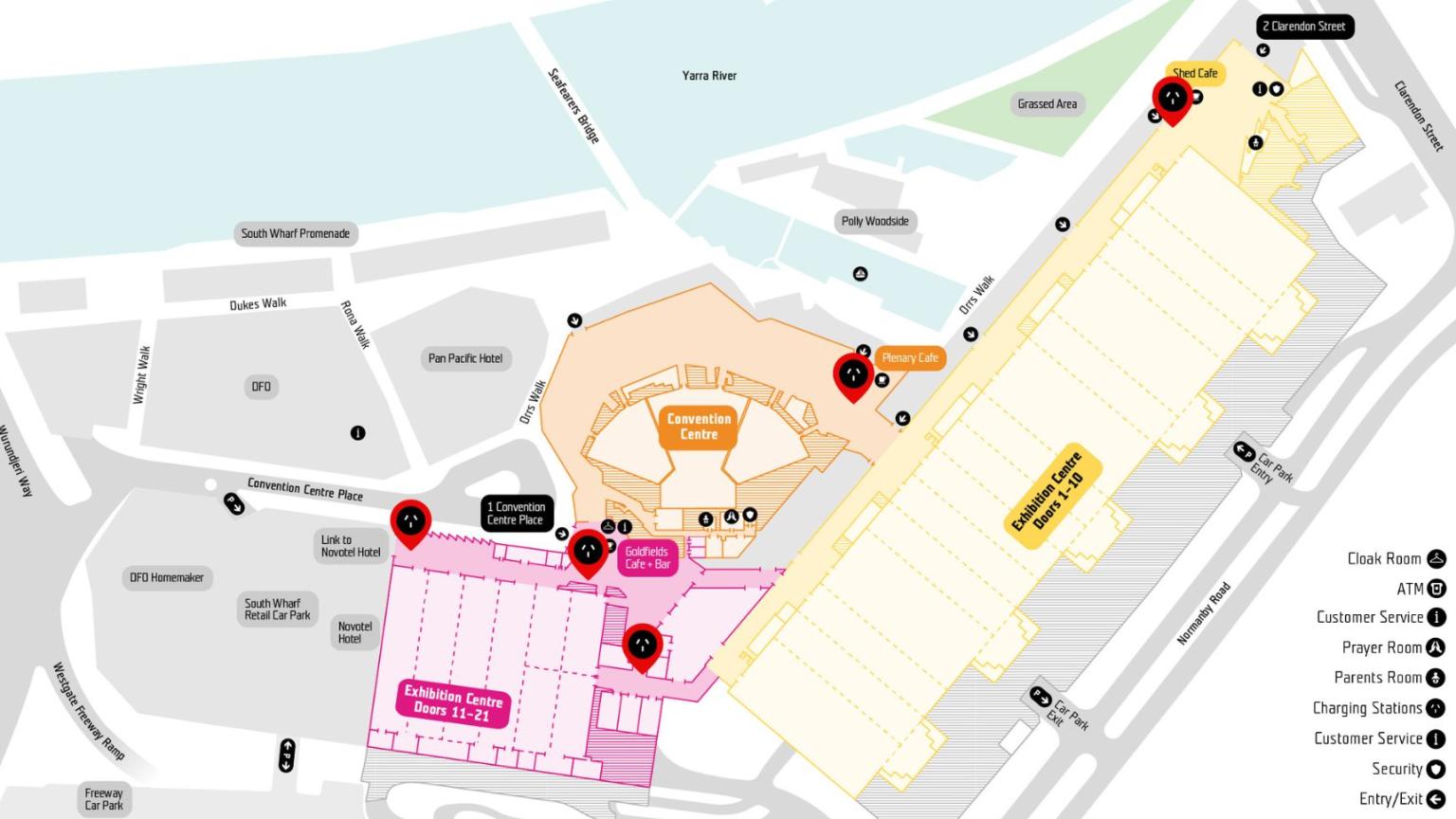 Floor plan of MCEC with a pin point highlighting the location of charging stations.  