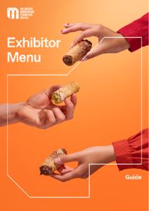 Cover image of the MCEC exhibitor menu. Three hands are each holding a cannoli in front of an orange background. 