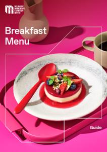 Cover image of a the MCEC breakfast menu. A dessert is displayed on a white plate on a pink background. 