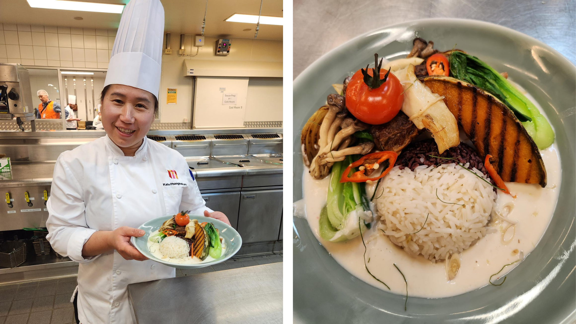 Chef holding Slow cooked Coconut beef ribs plate with rice and vegetables. Second image is a close up of the plate 