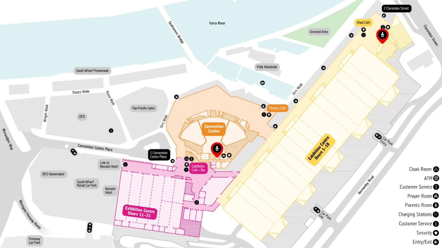 Floor plan of MCEC with a pin point highlighting the location of the parents rooms. 