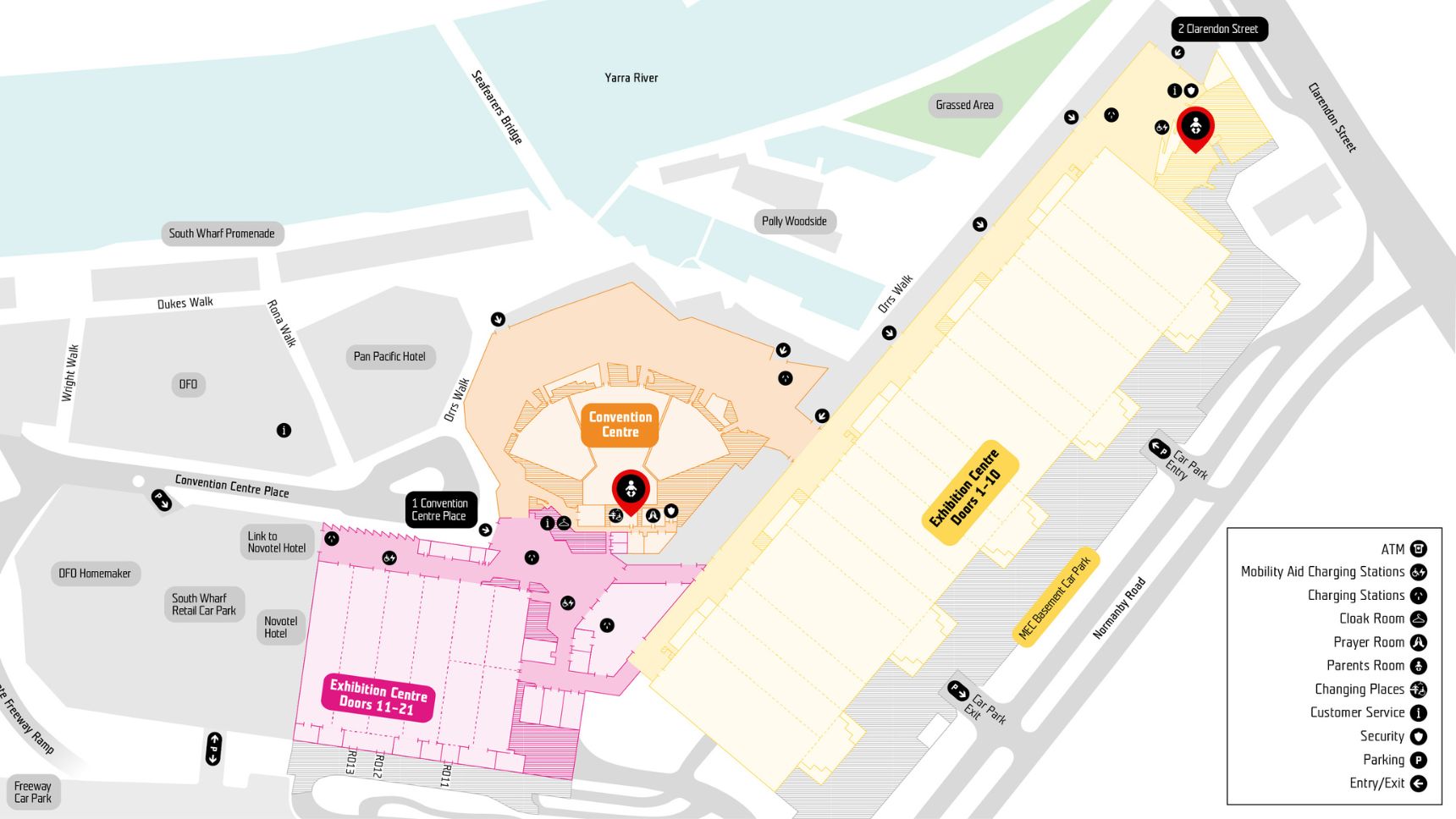 Floor plan of MCEC with a pin point highlighting the location of the parents rooms. 