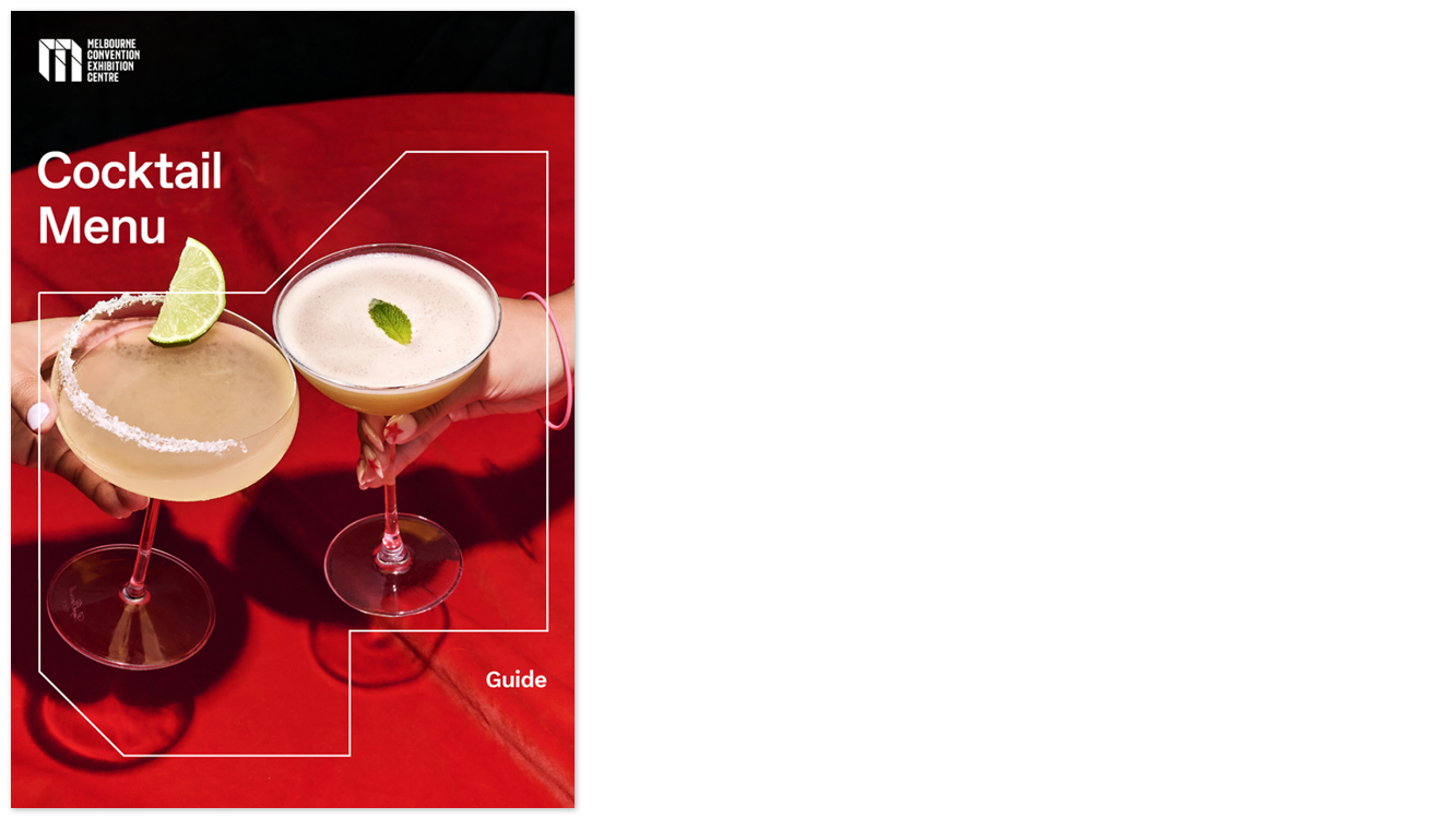 Cover image of the MCEC cocktail menu. Two cocktail glasses are displayed on the red cover. 